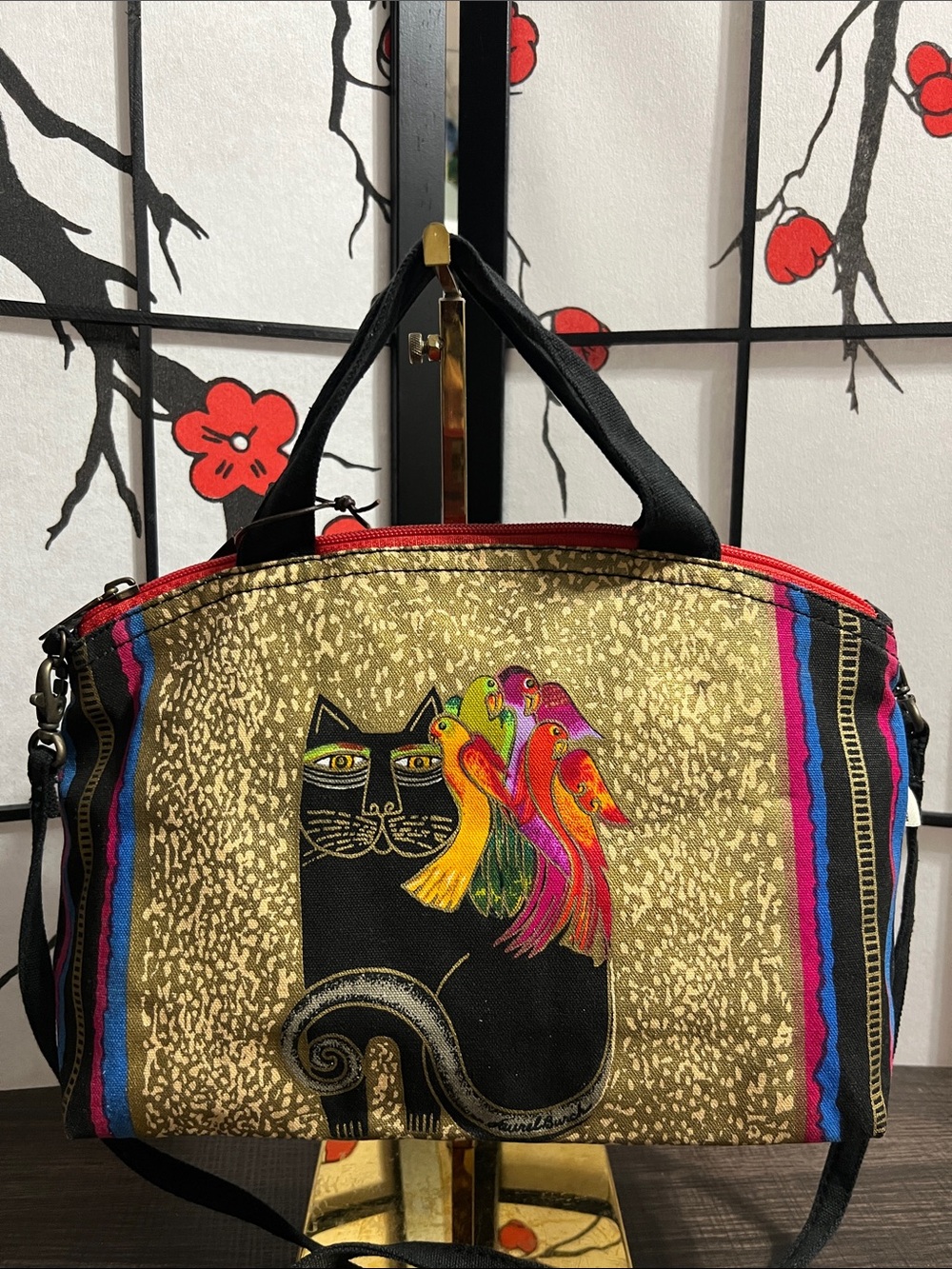 Laurel Burch Gold Canvas Satchel with Black Cat & Multicolor Birds